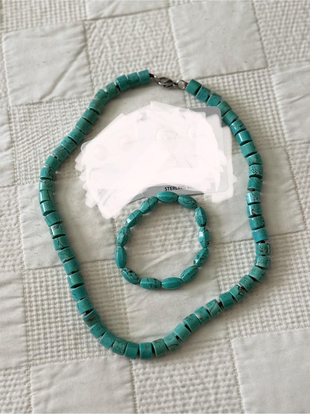 Turquoise Bead Necklace and Bracelet Set - Women Jewelry